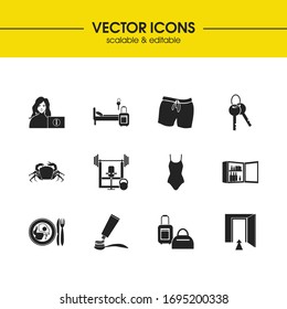 Hotel icons set with reception girl, hotel room and men swimsuit elements. Set of hotel icons and swimwear concept. Editable vector elements for logo app UI design.