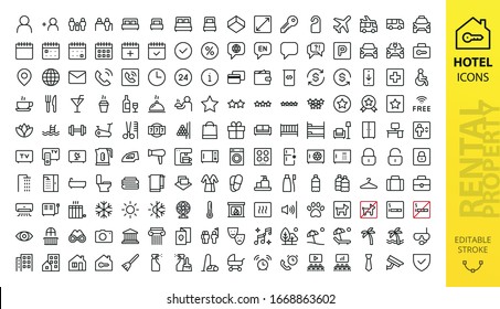 Hotel icons set. Rental property isolated icons. Set of apartment reservation, hotel booking, rent hostel room, airport transfer, room area, flat rent, five-star hotel, service line vector web icon