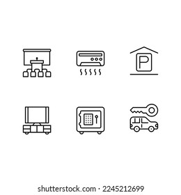 Hotel icons set. Rental property isolated icons. Set of apartment reservation, hotel booking, rent hostel room, airport transfer