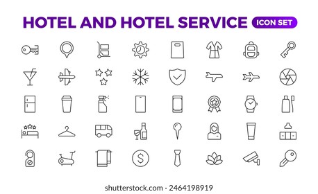 Conjunto de iconos del hotel. Iconos de propiedades de alquiler. Conjunto de reservación de departamentos, reservación de hoteles, hotel de cinco estrellas, línea de servicio de Web de Vector icon.Hotel conjunto universal con Edificio, Estacionamiento, Comida, Aire acondicionado.