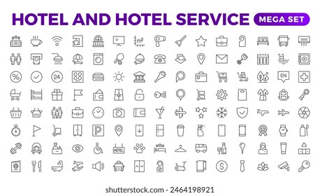 Conjunto de iconos del hotel. Iconos de propiedades de alquiler. Conjunto de reservación de departamentos, reservación de hoteles, hotel de cinco estrellas, línea de servicio de Web de Vector icon.Hotel conjunto universal con Edificio, Estacionamiento, Comida, Aire acondicionado.