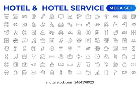 Hotel icons set. Rental property  icons. Set of apartment reservation, hotel booking, five-star hotel, service line vector web icon.Hotel universal set with Building, Parking,  Meal, Air conditioner.