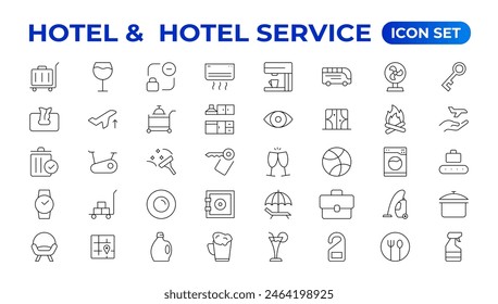 Hotel icons set. Rental property  icons. Set of apartment reservation, hotel booking, five-star hotel, service line vector web icon.Hotel universal set with Building, Parking,  Meal, Air conditioner.