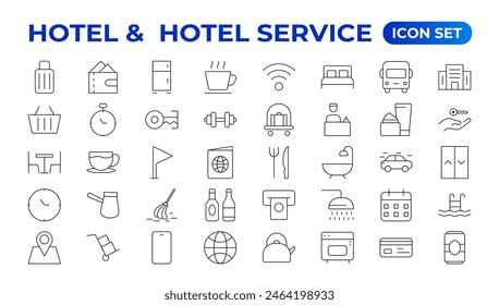 Hotel-Icons gesetzt. Mietobjektsymbole. Appartementsreservierung, Hotelbuchung, Fünf-Sterne-Hotel, Service Line Vektorgrafik Web Icon.Hotel Universal-Set mit Bauen, Parken, Essen, Klimaanlage.