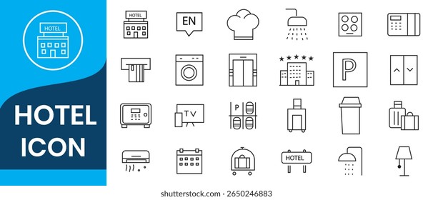 Hotel icons set. Rental property isolated icons. Set of apartment reservation, hotel booking, rent hostel room, airport shuttle, room area, flat rent, five-star hotel, service line vector web icon