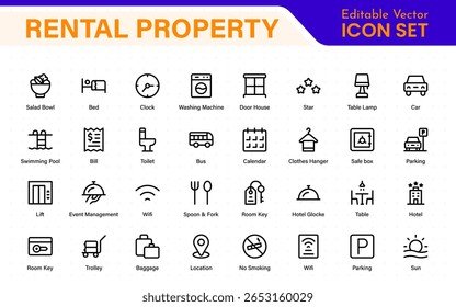 Hotel icons set. Rental property  icons. Set of apartment reservation, hotel booking, five-star hotel, service line vector web icon.Hotel universal set with Building, Parking,  Meal, Air conditioner.