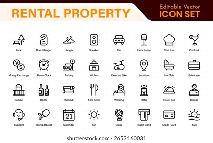 Hotel icons set. Rental property  icons. Set of apartment reservation, hotel booking, five-star hotel, service line vector web icon.Hotel universal set with Building, Parking,  Meal, Air conditioner.