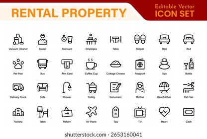 Hotel icons set. Rental property  icons. Set of apartment reservation, hotel booking, five-star hotel, service line vector web icon.Hotel universal set with Building, Parking,  Meal, Air conditioner.