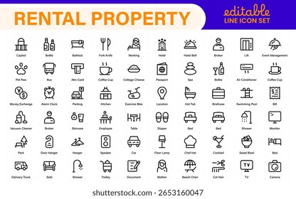 Hotel icons set. Rental property  icons. Set of apartment reservation, hotel booking, five-star hotel, service line vector web icon.Hotel universal set with Building, Parking,  Meal, Air conditioner.