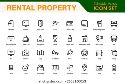 Hotel icons set. Rental property  icons. Set of apartment reservation, hotel booking, five-star hotel, service line vector web icon.Hotel universal set with Building, Parking,  Meal, Air conditioner.