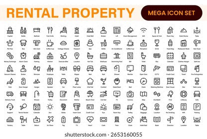 Hotel icons set. Rental property  icons. Set of apartment reservation, hotel booking, five-star hotel, service line vector web icon.Hotel universal set with Building, Parking,  Meal, Air conditioner.