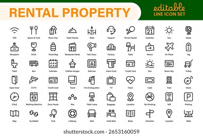 Hotel icons set. Rental property  icons. Set of apartment reservation, hotel booking, five-star hotel, service line vector web icon.Hotel universal set with Building, Parking,  Meal, Air conditioner.