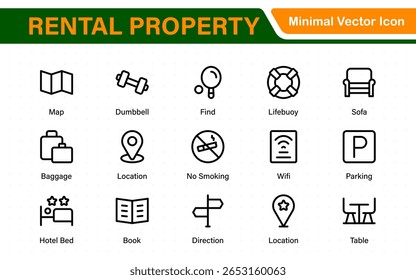 Hotel icons set. Rental property  icons. Set of apartment reservation, hotel booking, five-star hotel, service line vector web icon.Hotel universal set with Building, Parking,  Meal, Air conditioner.