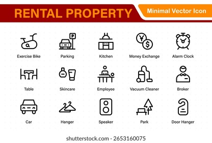 Hotel icons set. Rental property  icons. Set of apartment reservation, hotel booking, five-star hotel, service line vector web icon.Hotel universal set with Building, Parking,  Meal, Air conditioner.