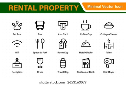 Hotel icons set. Rental property  icons. Set of apartment reservation, hotel booking, five-star hotel, service line vector web icon.Hotel universal set with Building, Parking,  Meal, Air conditioner.
