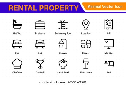 Hotel icons set. Rental property  icons. Set of apartment reservation, hotel booking, five-star hotel, service line vector web icon.Hotel universal set with Building, Parking,  Meal, Air conditioner.