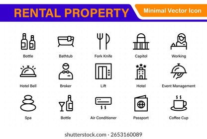 Hotel icons set. Rental property  icons. Set of apartment reservation, hotel booking, five-star hotel, service line vector web icon.Hotel universal set with Building, Parking,  Meal, Air conditioner.