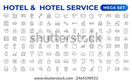 Hotel icons set. Rental property  icons. Set of apartment reservation, hotel booking, five-star hotel, service line vector web icon.Hotel universal set with Building, Parking,  Meal, Air conditioner.