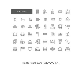 Hotel icons set. reservation, hotel booking, rent hostel room, airport transfer, room area, flat rent, five-star hotel, service line vector 