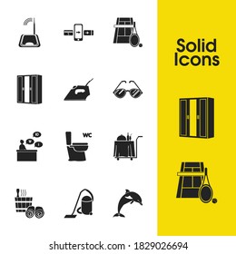 Hotel icons set with router, vacuum cleaner and sauna elements. Set of hotel icons and hygiene concept. Editable vector elements for logo app UI design.