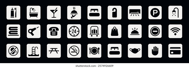 Hotel icons set with symbols for amenities like Wi-Fi, parking, pool, and room service. Includes icons for shower, towels, and dining. Perfect for hotel guides. User interface icon vector set.