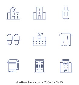 Hotel icons set. Thin Line style, editable stroke. slippers, swimming pool, towel, hotel, suitcase.