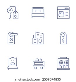 Hotel icons set. Thin Line style, editable stroke. bed, booking, city, door hanger, food trolley, hotel, hotel key, no disturb, single bed.