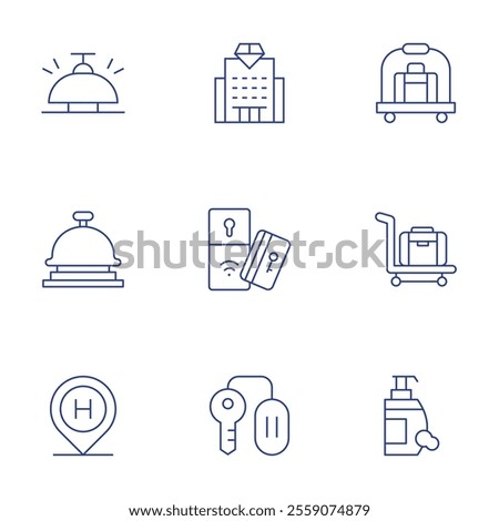 Hotel icons set. Thin Line style, editable stroke. bell ring, desk bell, hostel, hotel, hotel cart, key card, luggage, room key, shampoo.
