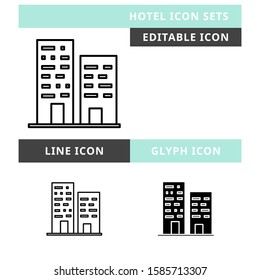 Hotel icons set vector design, modern editable line and  glyph icon, black colour and isolated for icon presentation, website and banner
