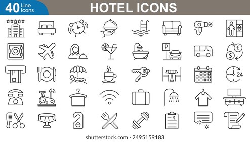 Hotel icons set vector illustration. reception, Wi-Fi, pool, parking, restaurant, gym, room service, air conditioning and more.