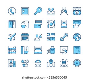 Hotel icons set. Vector line icons. Blue color outline stroke symbols. Modern concepts