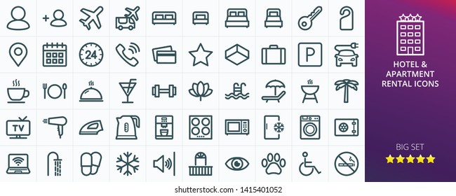 Hotel Icons Set For Website. Set Of Apartment Rental Service - Inn, Hostel, Inn, Guest House, Transfer, Travel, Rent Apartments Isolated Vector Icons