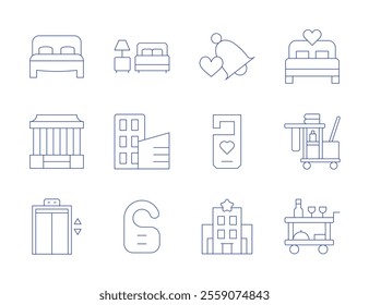 Hotel icons. Thin Line style, editable stroke. accomodation, bed, building, cleaning cart, door hanger, food trolley, bell, choultry, do not disturb, elevator, hotel.