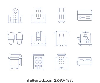 Hotel icons. Thin Line style, editable stroke. hotel, slippers, swimming pool, towel, suitcase, double bed, hotel key, luggage cart.