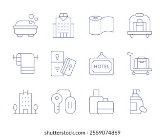 Hotel icons. Thin Line style, editable stroke. soap, toilet paper, hotel, towel, hotel cart, key card, luggage, room key, shampoo, suitcase.