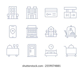 Hotel icons. Thin Line style, editable stroke. hotel, hotel key, location, room service, sleep, villa, luggage cart, room door.