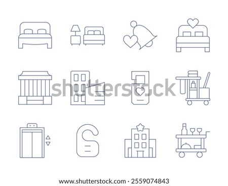 Hotel icons. Thin Line style, editable stroke. accomodation, bed, building, cleaning cart, door hanger, food trolley, bell, choultry, do not disturb, elevator, hotel.