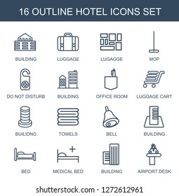 hotel icons. Trendy 16 hotel icons. Contain icons such as building, luggage, lugagge, mop, do not disturb, office room, luggage cart, builidng. hotel icon for web and mobile.