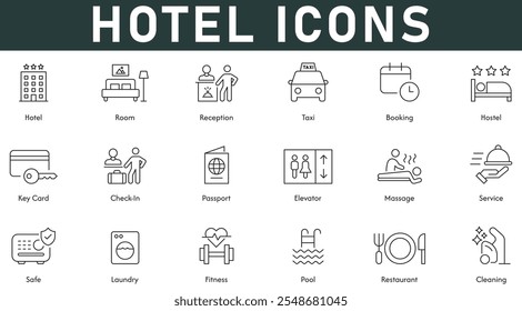 Hotel Icons vector illustration with thin line editable stroke contains room reception taxi booking hostel key card check in passport elevator massage service safe laundry fitness pool