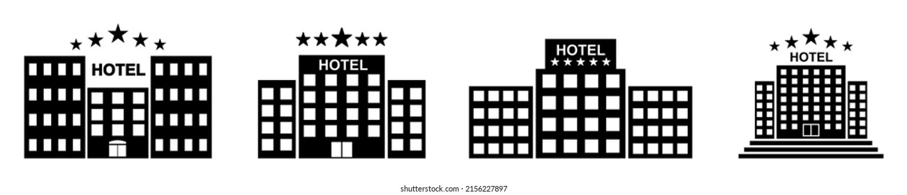 Hotel icons vector set. Black pictograms with hotels on white background. Vector 10 EPS.