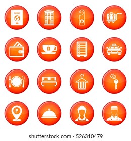 Hotel icons vector set of red circles isolated on white background