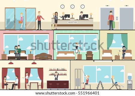 Hotel indoors interior set. Horizontal illustrations set with hotel reception, standart rooms, restaurant and gym.