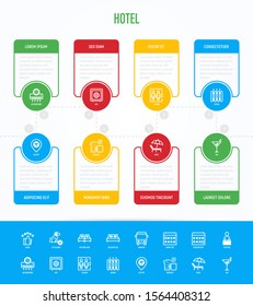 Hotel infographics template with copy space and thin line icons: rating, pet allowed, single bed, double bed, elevator, arrival date, departure date, heating, breakfast, bar. Vector illustration.