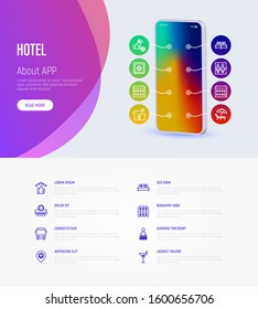 Hotel infographics web page template with copy space. Mobile app on smartphone with thin line icons. Rating, pet allowed, single bed, double bed, elevator, heating, reception. Vector illustration.