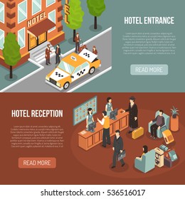 Hotel information 2 horizontal isometric banners webpage design with entrance street view and reception desk isolated vector illustration 