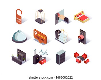 Hotel infrastructure isometric icons set. Hotel booking and review, reception desk, restaurant, lobby, suitcases and room service pictograms. Hotel reservation and touristic agency 3d vector isometry.