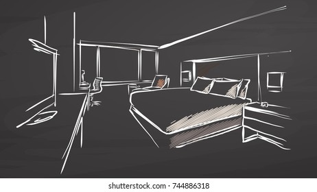 Hotel Interior Design Concept on Chalkboard. Handdrawn vector sketch, clean outlines, vintage style blackboard.