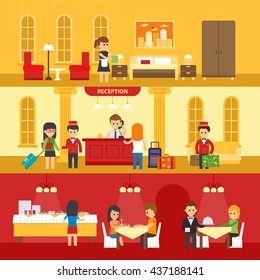 Hotel interior with people and hotel service vector flat illustration. Hotel reception, dining room vector design infographic elements. Service and staff banners vector illustration