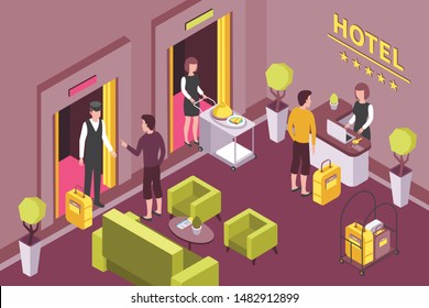 Hotel interior reception counter sitting area for guests lounge breakfast delivery room service isometric composition vector illustration 