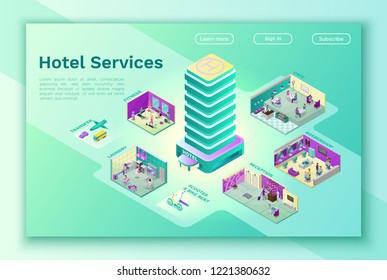 Hotel internet landing page template with isometric flat icon of building, barbershop, cafe, laundry, transportation service, bike rent, online booking app concept, 3d vector illustration